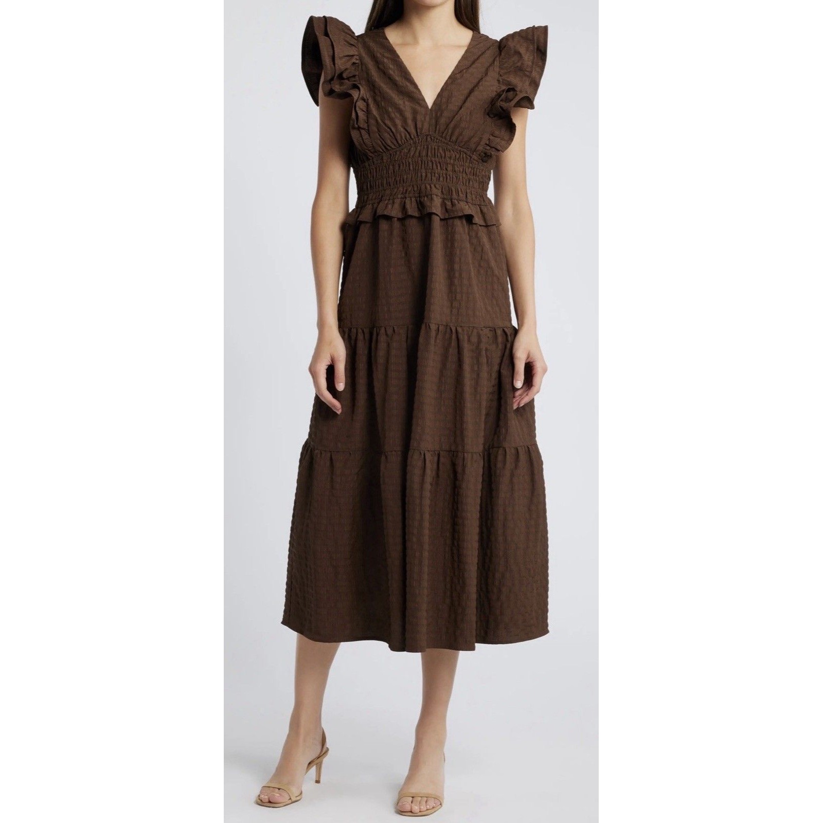 Moon River Dress Womens Medium Brown Tiered Midi Flutter Sleeve Smocked Waist